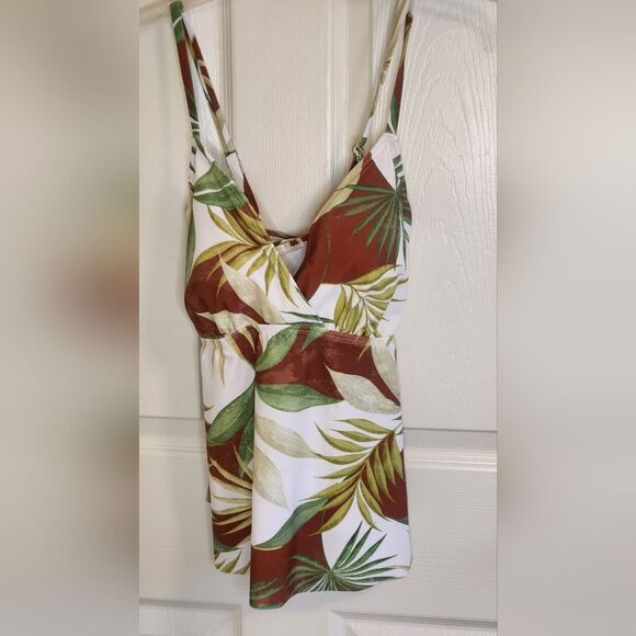 Shade & Shore L Cross Back Green Brown Leaf Print One Piece Women's Swim Top - Picture 5 of 13